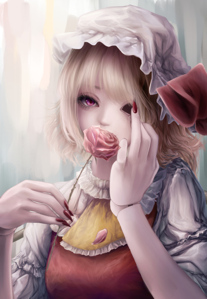 1girl ascot blonde_hair collared_shirt commentary covered_mouth covering_mouth eyebrows_hidden_by_hair eyelashes fingernails flandre_scarlet flower frilled_shirt_collar frills hands_up hat hat_ribbon highres holding holding_flower looking_at_viewer medium_hair mizuhichi mob_cap nail_polish pink_eyes puffy_short_sleeves puffy_sleeves red_flower red_nails red_ribbon red_rose red_vest ribbon rose sharp_fingernails shirt short_sleeves solo touhou upper_body vest white_headwear white_shirt yellow_ascot