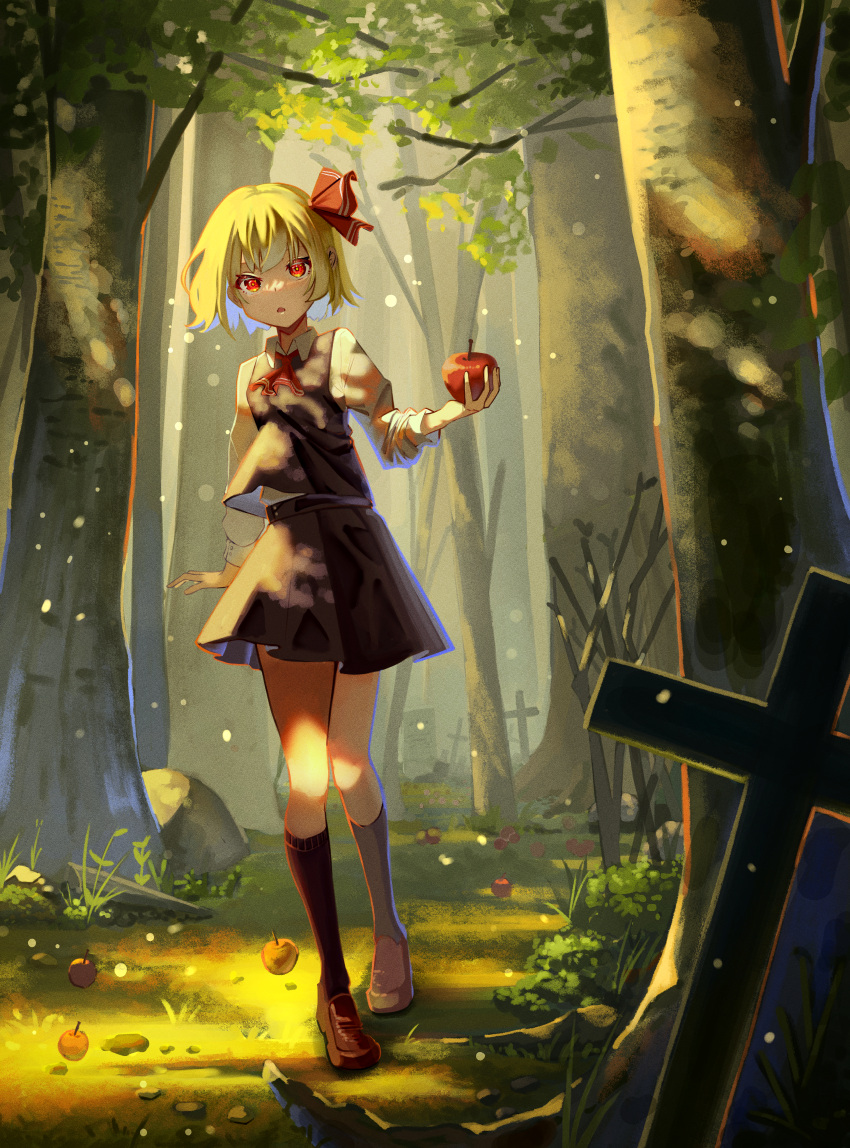1girl absurdres apple ascot black_skirt black_socks black_vest blonde_hair brown_footwear collared_shirt commentary cross fog food forest fruit full_body grass hair_ribbon highres holding holding_food holding_fruit juliet_sleeves kneehighs kotete2299 latin_cross loafers long_sleeves looking_at_viewer nature open_mouth outdoors puffy_sleeves red_ascot red_eyes red_ribbon ribbon rock rumia shirt shoes short_hair skirt skirt_set socks solo tombstone touhou tree triangle_mouth vest white_shirt