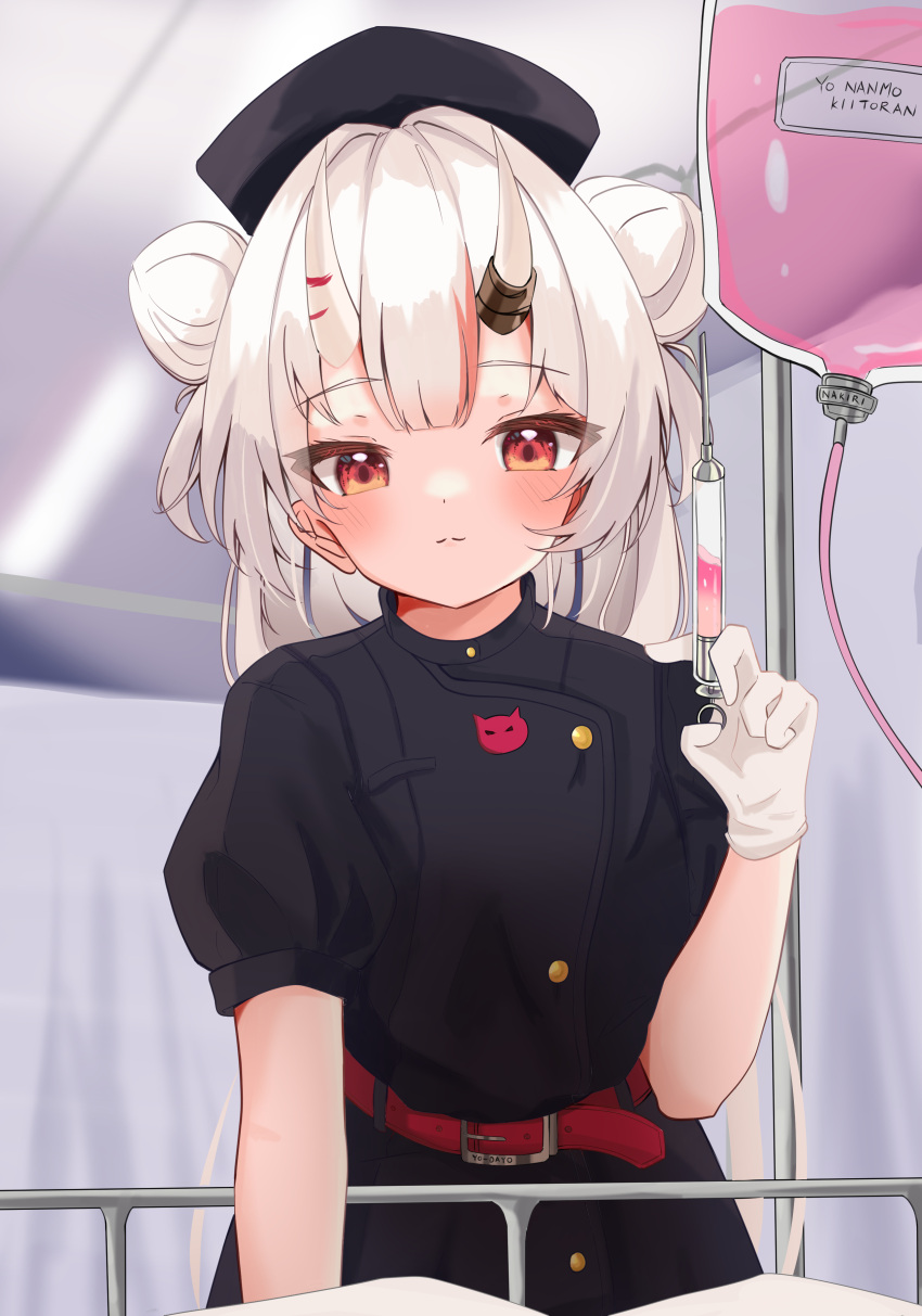 1girl :3 absurdres belt blush buttons commentary_request double-breasted double_bun gloves hair_bun hat highres holding holding_syringe hololive horns indoors intravenous_drip long_hair looking_at_viewer maikro nakiri_ayame nurse nurse_cap official_alternate_costume oni_horns red_eyes solo syringe upper_body white_gloves white_hair