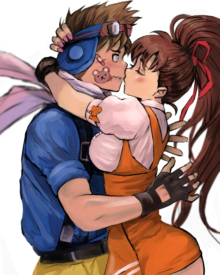 6maker alfred_(fatal_fury) anna_miller breasts brown_hair fatal_fury hetero highres hug kiss pink_nails takeuchi_yuka waitress