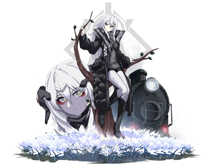1girl black_footwear black_jacket boots close-up closed_mouth expressionless flower full_body girls_frontline ground_vehicle hair_between_eyes haonfest jacket long_hair long_sleeves looking_at_viewer multiple_views open_clothes pale_skin pants paradeus simple_background sitting smile tareus_(girls'_frontline) train white_background white_flower white_hair white_pants yellow_eyes