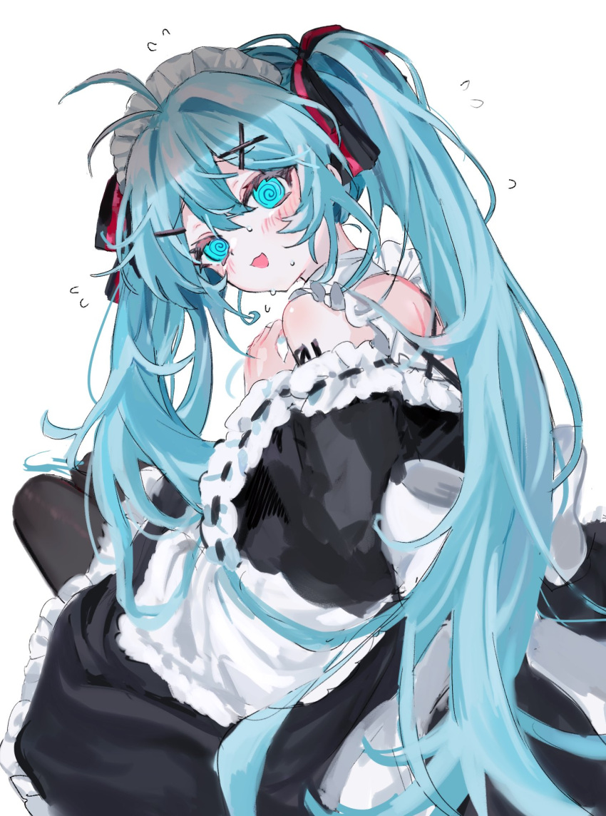 1girl :3 :d antenna_hair back_bow bare_shoulders black_dress blue_eyes blush bow commentary_request detached_sleeves dress flying_sweatdrops frilled_sleeves frills hair_ornament hair_ribbon hatsune_miku highres long_hair looking_at_viewer maid maid_headdress number_tattoo open_mouth pink_ribbon ribbon ribbon-trimmed_sleeves ribbon_trim simple_background smile solo striped striped_ribbon sweat tattoo twintails very_long_hair vocaloid wabun white_background white_bow x_hair_ornament