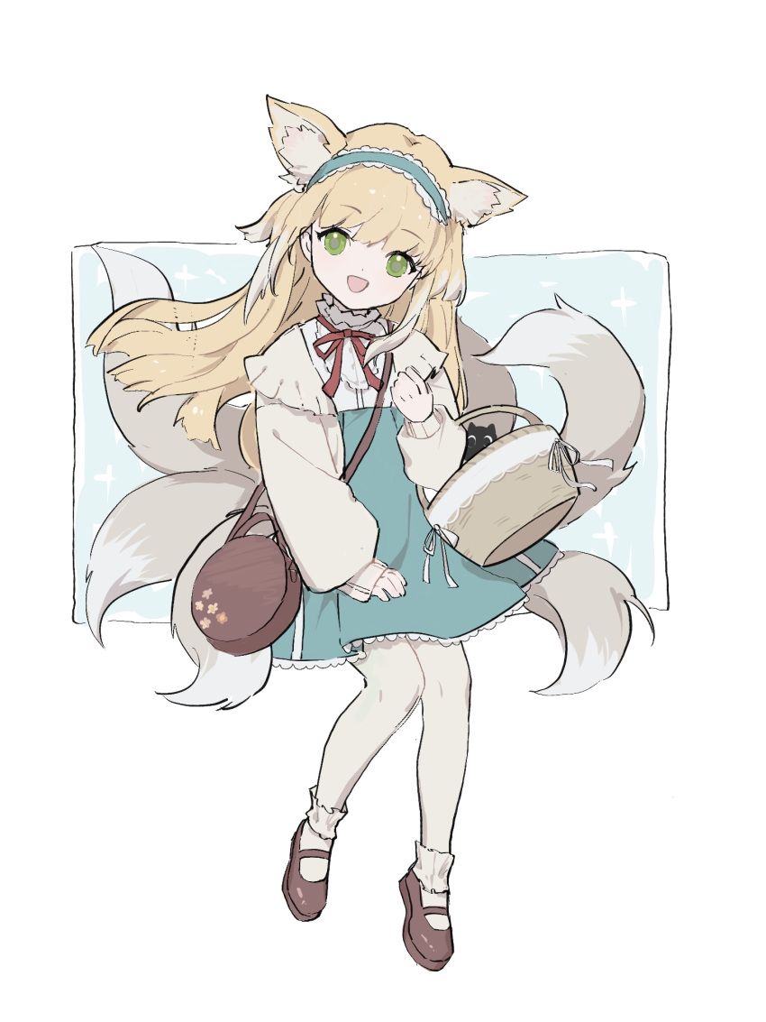 1girl :d animal_ear_fluff animal_ears arknights bag bangs basket blonde_hair blue_background blue_hairband blue_skirt brown_footwear commentary_request crossover fox_ears fox_girl fox_tail frilled_hairband frills full_body green_eyes hairband head_tilt heixiu high-waist_skirt highres jacket kitsune long_hair long_sleeves neck_ribbon open_clothes open_jacket pantyhose puffy_long_sleeves puffy_sleeves red_ribbon ribbon shirt shoes shoulder_bag sitting skirt smile suzuran_(arknights) suzuran_(spring_praise)_(arknights) tail the_legend_of_luo_xiaohei two-tone_background very_long_hair vsmile white_background white_jacket white_pantyhose white_shirt