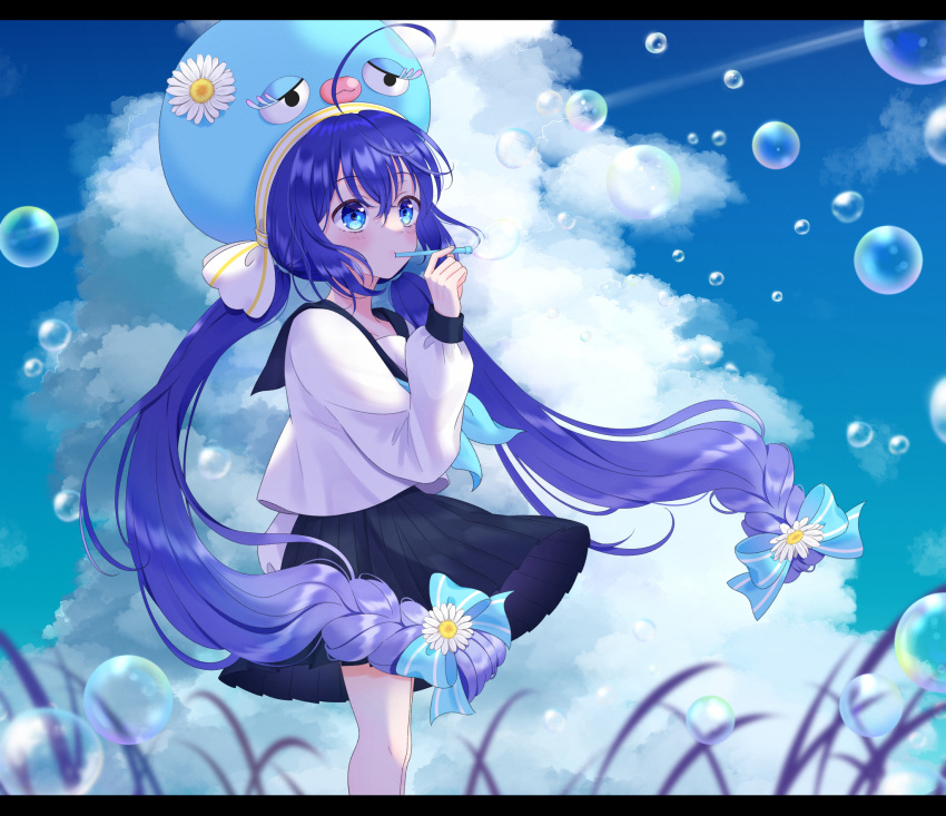 1girl ahoge bangs blue_eyes blue_hair blush bow bubble bubble_blowing bubble_pipe eel_hat field flower hair_bow hair_flower hair_ornament hat hat_ribbon highres holding long_hair low-braided_long_hair low_twintails neckerchief otomachi_una outdoors pleated_skirt ribbon rooibos school_uniform serafuku skirt sky solo twintails very_long_hair vocaloid wind