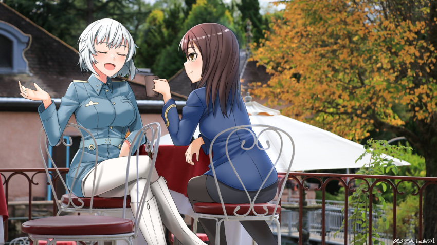 2girls aila_paivikki_linnamaa black_pantyhose black_skirt blush breasts brown_hair closed_eyes closed_mouth coffee_mug cup eleonore_giovanna_gassion highres hiroshi_(hunter-of-kct) large_breasts luminous_witches medium_hair military military_uniform miniskirt mug multiple_girls open_mouth outdoors pantyhose photo_background shiny shiny_hair short_hair sitting skirt small_breasts smile uniform white_hair white_pantyhose world_witches_series yellow_eyes