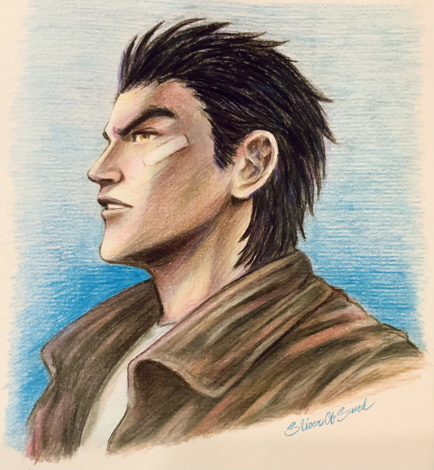 1boy absurdres bandage_on_face bandages black_hair blue_background border brown_eyes brown_jacket collared_jacket from_side graphite_(medium) hazuki_ryou highres jacket leather leather_jacket parted_lips profile shenmue shirt sideburns signature sketch sliverofsand spiky_hair t-shirt thick_eyebrows traditional_media white_border white_shirt