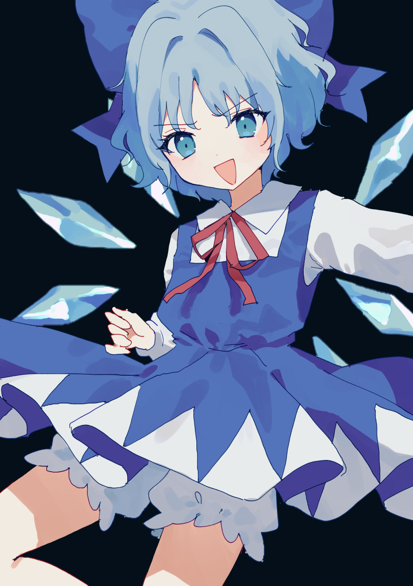 1girl :d absurdres bangs black_background bloomers blue_bow blue_dress blue_hair bow cirno collared_shirt dress feet_out_of_frame hair_bow highres ice ice_wings kozomezuki long_sleeves looking_at_viewer medium_hair neck_ribbon open_mouth pinafore_dress red_ribbon ribbon shirt simple_background smile solo touhou underwear white_shirt wings