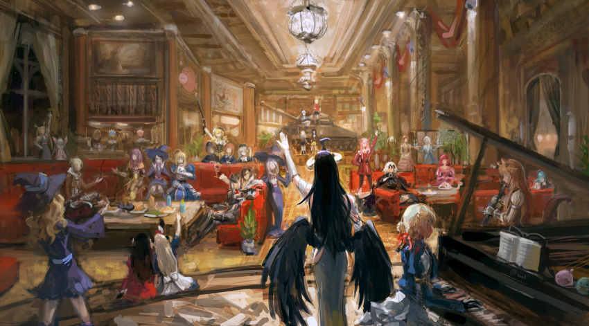 6+girls :3 albedo_(overlord) animal_ears annie_leonhardt annotation_request artoria_pendragon_(fate) bangs black_hair black_wings blonde_hair blue_dress blue_hair brown_capelet brown_dress brown_hair capelet chair character_request commentary copyright_request couch crossover darling_in_the_franxx demon_girl demon_horns diana_cavendish dress drill_hair egnigem_cenia elsa_(frozen) elvafirst fate/apocrypha fate/stay_night fate_(series) feathered_wings frozen_(disney) girls_und_panzer gloves grand_piano ground_vehicle gun hair_bun hair_over_one_eye hairband hall hat highres holding holding_gun holding_weapon horns indoors instrument jeanne_d'arc_alter_(fate) kanna_kamui kobayashi-san_chi_no_maidragon little_witch_academia long_dress long_hair looking_at_another low_wings luna_nova_school_uniform mahou_shoujo_madoka_magica maid military military_vehicle motor_vehicle multiple_crossover multiple_girls music musket overlord_(maruyama) painting_(object) piano pink_hair playing_instrument playing_piano poporing poring raccoon_ears raccoon_girl ragnarok_online ram_(re:zero) raphtalia re:zero_kara_hajimeru_isekai_seikatsu red_horns rem_(re:zero) saber school_uniform shingeki_no_kyojin short_hair siblings sidelocks single_hair_bun sitting slime_(creature) sucy_manbavaran swordsman_(ragnarok_online) table tank tate_no_yuusha_no_nariagari tohru_(maidragon) tomoe_mami twin_drills twins twintails violet_evergarden violet_evergarden_(series) weapon white_dress white_gloves white_hair white_hairband white_horns window wings witch witch_hat zero_two_(darling_in_the_franxx)