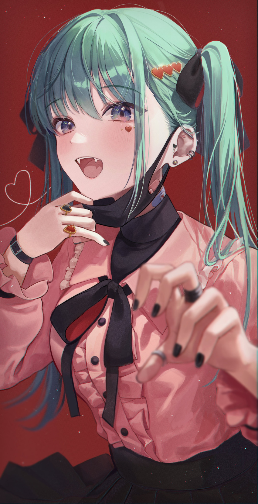 1girl absurdres black_nails blush commentary_request ear_piercing fangs green_eyes grey_hair hair_ornament hatsune_miku heart heart_hair_ornament highres jewelry long_hair long_sleeves looking_at_viewer mask mouth_mask myowa piercing ribbon ring simple_background solo twintails vampire vampire_(vocaloid) vocaloid
