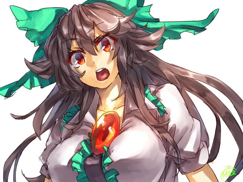 1girl :o black_hair bow hair_between_eyes hair_bow highres long_hair looking_at_viewer melon22 red_eyes reiuji_utsuho signature simple_background sketch solo third_eye touhou white_background