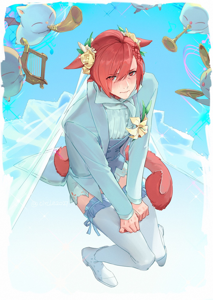 1boy alternate_costume animal_ears bangs blue_background blue_jacket blue_suit blue_vest blush border bridal_veil buttons cat_boy cat_ears cat_tail crossdressing cymbals embarrassed eyes_visible_through_hair facial_mark final_fantasy final_fantasy_xiv flower formal frilled_thighhighs frills from_above full_body g'raha_tia groom hair_flower hair_ornament hands_on_own_thighs highres holding holding_instrument instrument jacket knees_together_feet_apart long_sleeves looking_at_viewer looking_up lyre male_focus miqo'te moogle music musical_note own_hands_together playing_instrument red_eyes rose shoes short_hair slit_pupils solo suit suncle swept_bangs tail thigh-highs trumpet v_arms veil vest wavy_mouth white_border white_footwear white_thighhighs x_hair_ornament yellow_flower yellow_rose