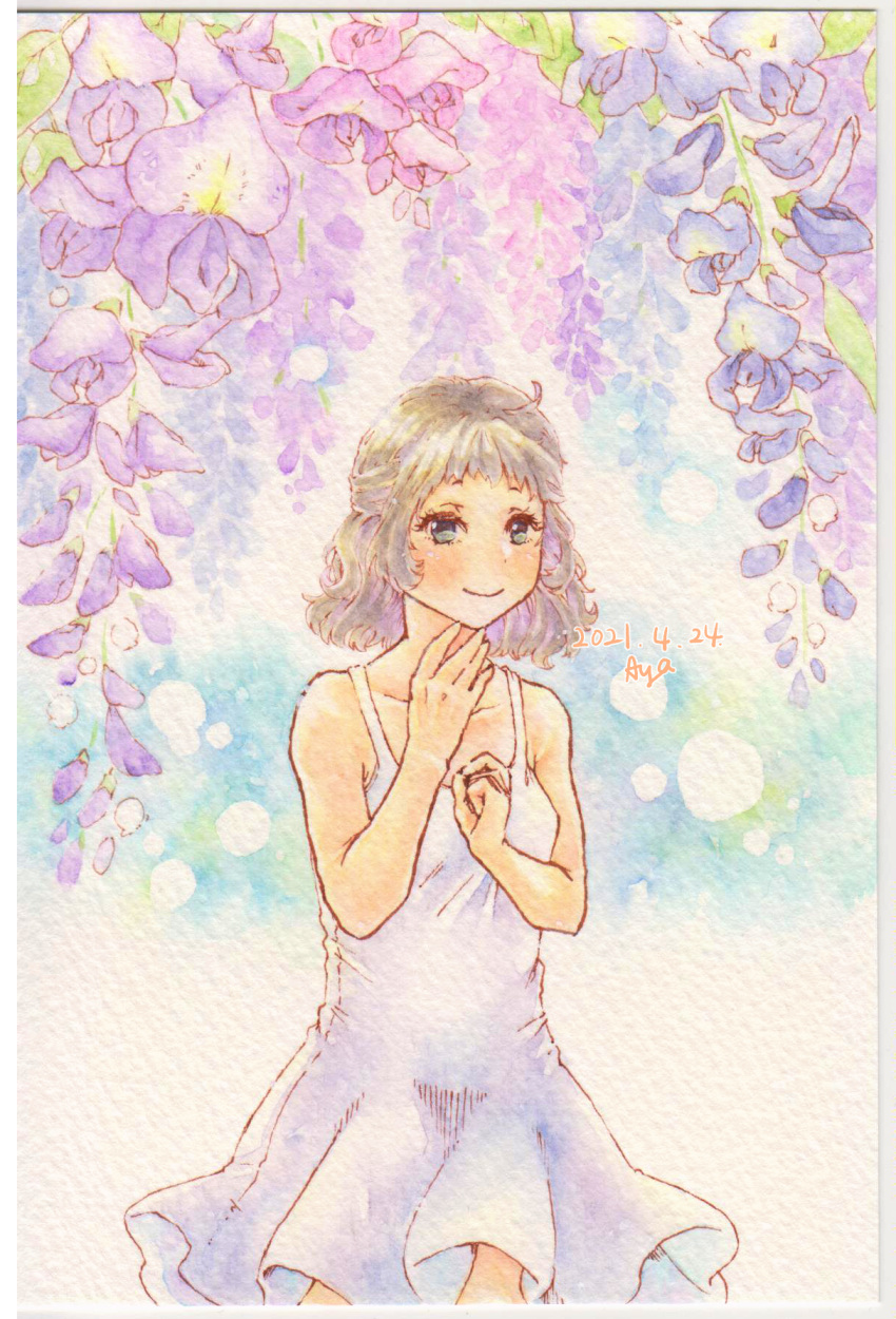 1girl bare_shoulders brown_eyes brown_hair closed_mouth collarbone cowboy_shot dated dress floral_background flower highres medium_hair original purple_flower shin1ar24 smile solo sundress traditional_media watercolor_pencil_(medium) white_dress