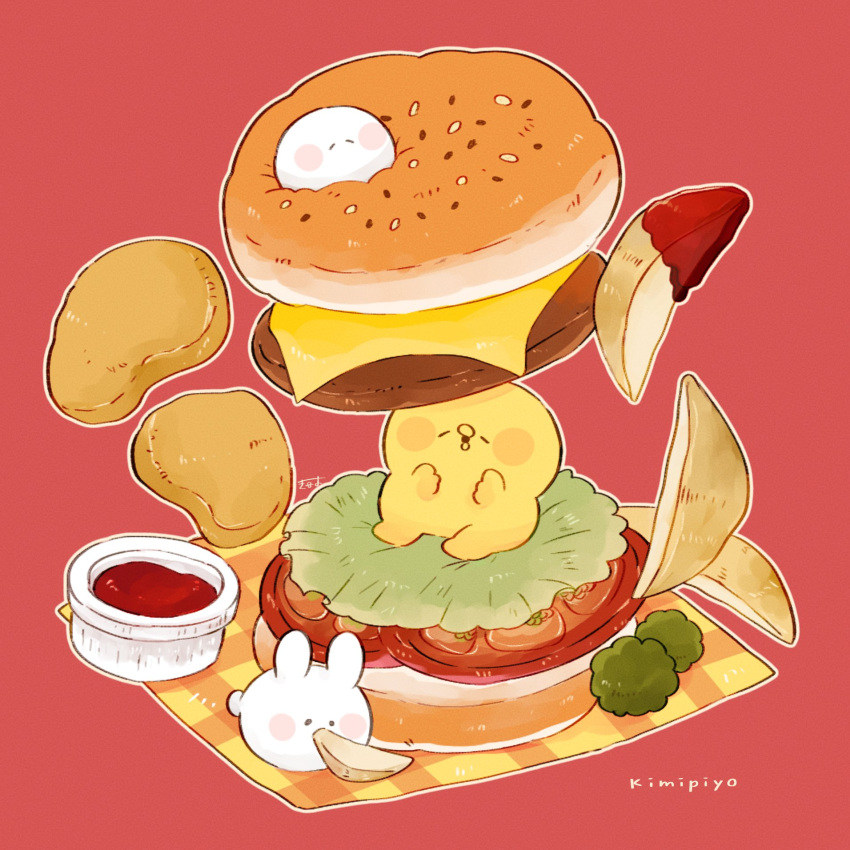 3others bird blush_stickers bread_bun burger character_name cheese chick chicken chicken_nuggets creature english_text food food_focus highres ketchup kimipiyo_(tenmiyakiyo) lettuce meat multiple_others napkin no_humans on_food original oversized_food plaid potato_wedges rabbit red_background sesame_seeds sitting tenmiyakiyo tsubumaru_(tenmiyakiyo) usachii_(tenmiyakiyo)