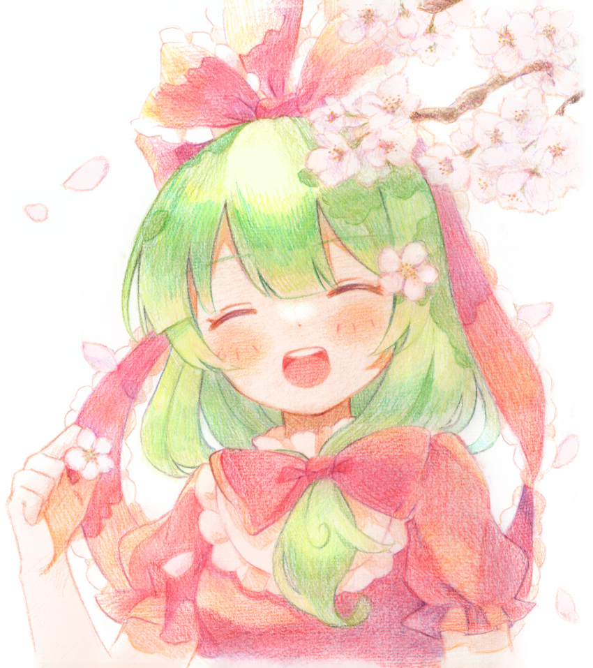 1girl :d ^_^ bangs bow closed_eyes colored_pencil_(medium) commentary_request dress frilled_ribbon frilled_sleeves frills front_ponytail green_hair hair_bow hair_ribbon happy head_tilt highres kagiyama_hina long_hair nig_18 puffy_short_sleeves puffy_sleeves red_dress red_ribbon ribbon short_sleeves smile solo touhou traditional_media upper_body wrist_ribbon