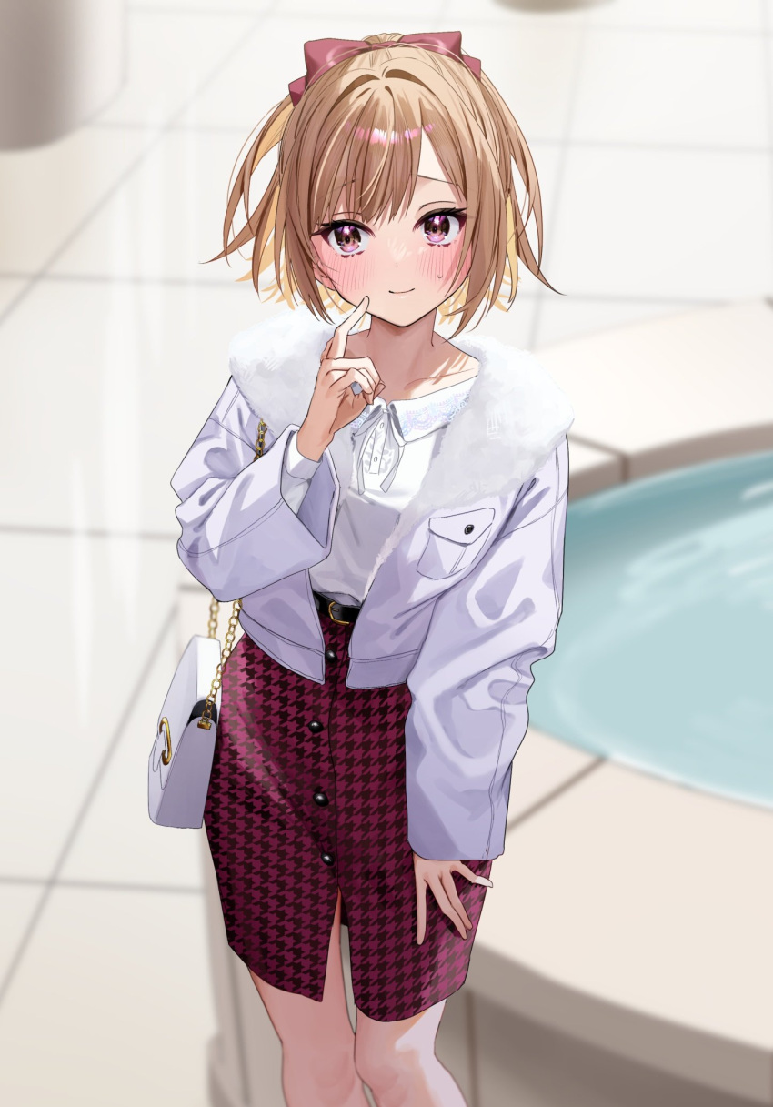 1girl bag bangs belt black_belt blonde_hair bow chigusa_minori closed_mouth hair_bow hair_ornament hand_up handbag highres jacket long_sleeves looking_at_viewer open_clothes open_jacket original outdoors pink_bow red_skirt shirt shirt_tucked_in short_hair skirt smile solo violet_eyes water white_jacket white_shirt