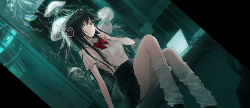 1girl absurdres arm_support bangs black_hair black_skirt bow bowtie cardiogram collared_shirt commentary_request dutch_angle feet_out_of_frame finger_to_cheek hand_up highres index_finger_raised jellyfish long_hair looking_at_viewer loose_socks original oyabuli pleated_skirt red_bow red_bowtie school_uniform shirt shirt_tucked_in short_sleeves sitting skirt socks solo white_shirt white_socks