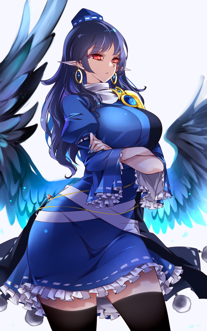 1girl absurdres arms_under_breasts bird_wings black_wings blue_dress blue_hair blue_headwear blue_wings breast_hold breasts crossed_arms dress earrings feathered_wings feathers hat highres iizunamaru_megumu jewelry long_hair pointy_ears raptor7 red_eyes simple_background solo thigh-highs tokin_hat touhou white_background wings
