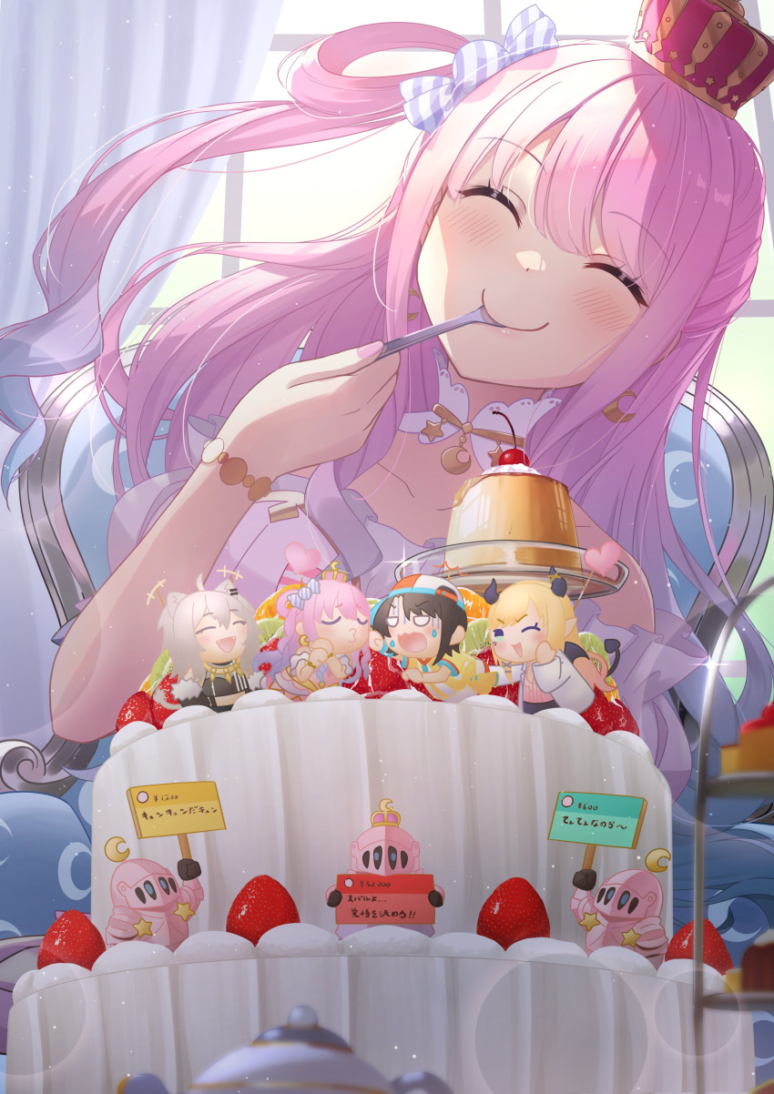 1girl absurdres bangs blush cake candy_hair_ornament closed_eyes closed_mouth crescent crescent_earrings crown earrings eating food food-themed_hair_ornament hair_ornament hair_rings highres himemori_luna hololive jewelry leaning_to_the_side long_hair luknight_(himemori_luna) oozora_subaru pink_hair shima6644 shishiro_botan short_sleeves smile solo utensil_in_mouth virtual_youtuber yozora_mel