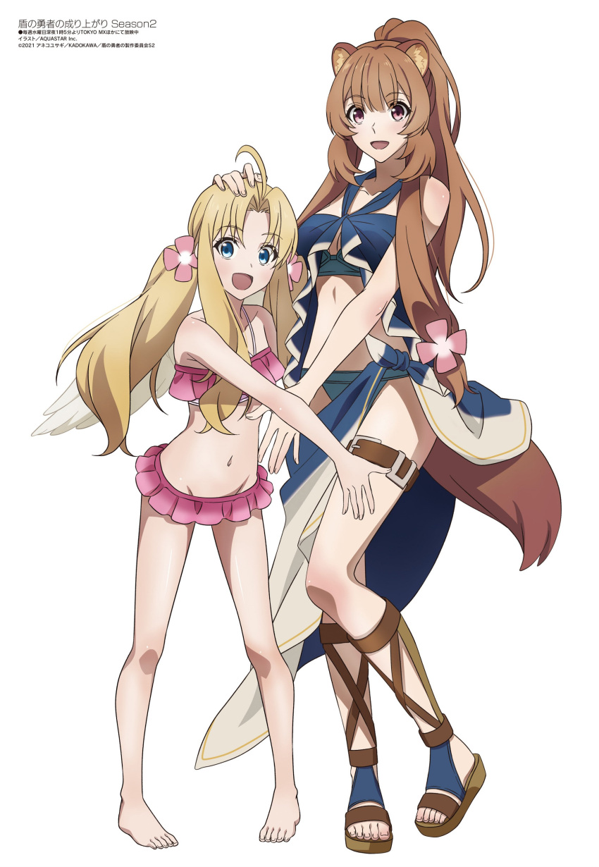 2girls ahoge animal_ears bangs barefoot bird_girl blonde_hair blue_eyes breasts brown_eyes brown_hair eyebrows eyebrows_visible_through_hair firo_(tate_no_yuusha_no_nariagari) flower footwear full_body hair_flower hair_ornament kanji long_hair looking_at_viewer medium_breasts megami_magazine midriff multiple_girls navel open_mouth ponytail raccoon_ears raccoon_girl raccoon_tail raphtalia sandals smile swimsuit tail tate_no_yuusha_no_nariagari thigh_strap white_background wings