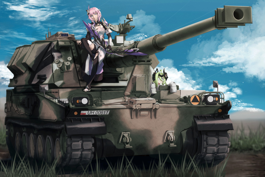 2girls ahs_krab bangs blue_eyes caterpillar_tracks closed_mouth clouds cloudy_sky commission commissioner_upload crown day elf elysia_(honkai_impact) eyepatch full_body gem gloves green_eyes green_hair ground_vehicle hair_ornament haonfest highres honkai_(series) honkai_impact_3rd klein_(honkai_impact) long_hair long_sleeves looking_at_viewer military military_vehicle multiple_girls outdoors pink_hair pointy_ears self-propelled_artillery sitting sky sleeves_past_wrists smile upper_body wavy_hair