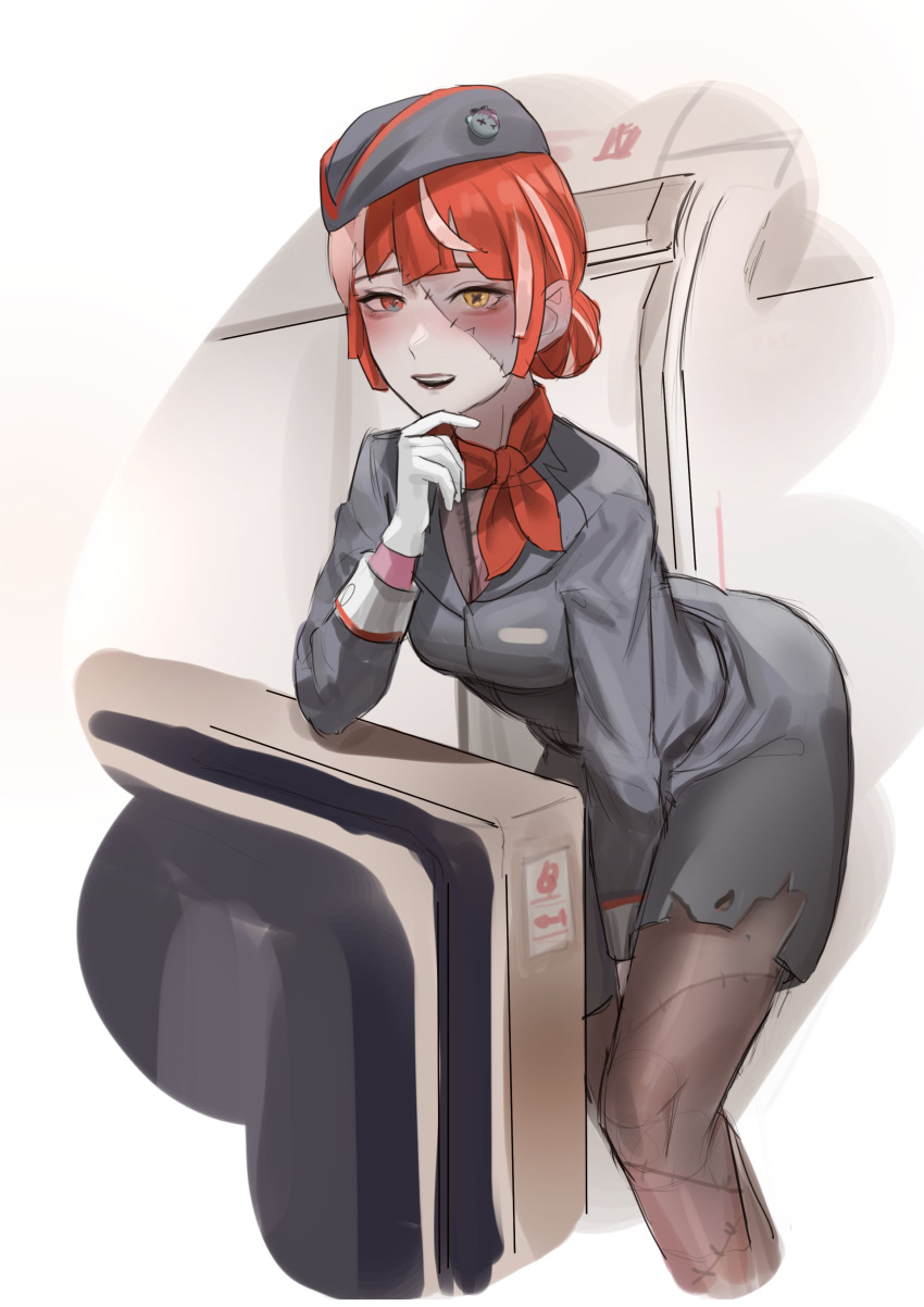 1girl absurdres aircraft airplane airplane_interior bangs blush flight_attendant hand_on_own_chin hat highres hololive hololive_indonesia kureiji_ollie leaning_forward looking_at_viewer multicolored_hair open_mouth pink_hair redhead solo tanukidraws teeth torn_clothes travel_attendant uniform upper_teeth zombie