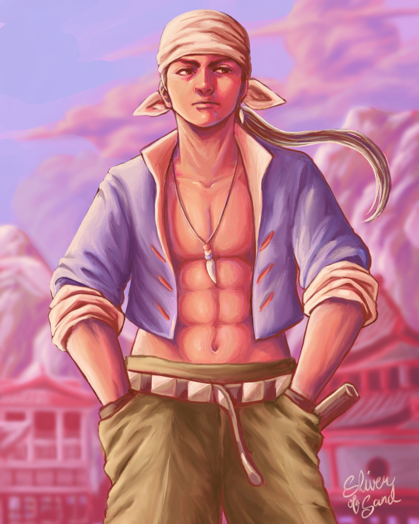 1boy abs absurdres architecture bandana belt black_hair blue_shirt blurry blurry_background brown_eyes chinese_clothes clouds cloudy_sky east_asian_architecture expressionless green_pants hands_in_pockets highres jewelry knife knife_holster long_hair looking_to_the_side mountain mountainous_horizon muscular muscular_male navel necklace outdoors pants pectorals ponytail purple_sky ren_wu_ying shenmue shenmue_iii shirt sideburns signature sketch sky sleeves_rolled_up sliverofsand solo sunset tooth_earrings tooth_necklace two-sided_fabric white_bandana