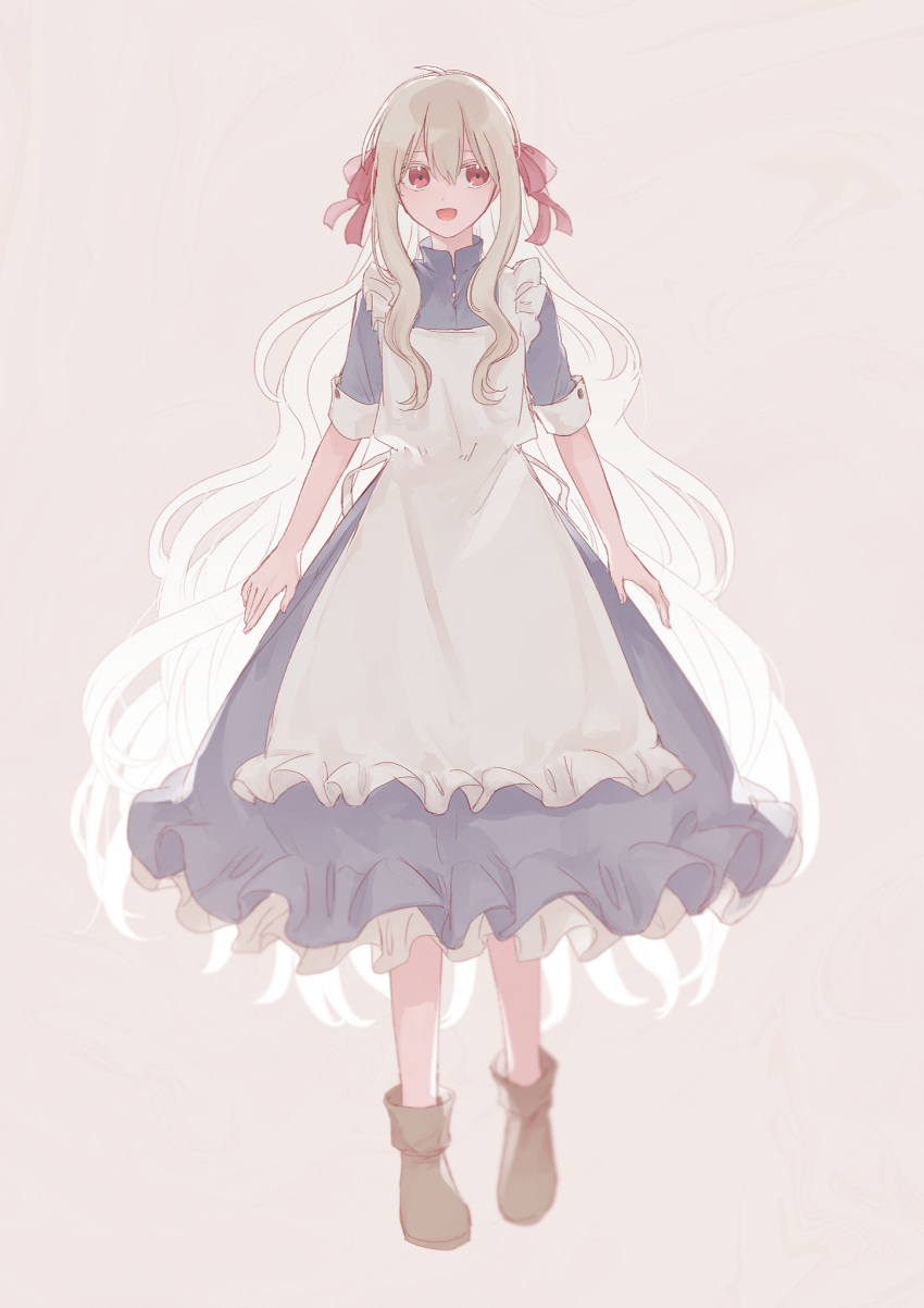 1girl apron arms_at_sides blue_dress boots brown_footwear commentary dress frilled_apron frilled_dress frills full_body hair_ribbon highres kagerou_project kozakura_marry long_hair open_mouth pink_eyes pink_ribbon ribbon short_sleeves smile solo very_long_hair white_apron white_hair