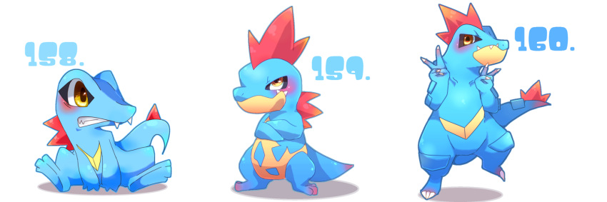 animal_focus blush claws clenched_teeth closed_mouth collarbone commentary_request croconaw crossed_arms double_v fangs fangs_out feraligatr full_body half-closed_eyes hands_up leg_up looking_to_the_side no_humans own_hands_together pokedex_number pokemon pokemon_(creature) shira_(sirairo116) sitting spread_legs standing standing_on_one_leg teeth totodile v yellow_eyes