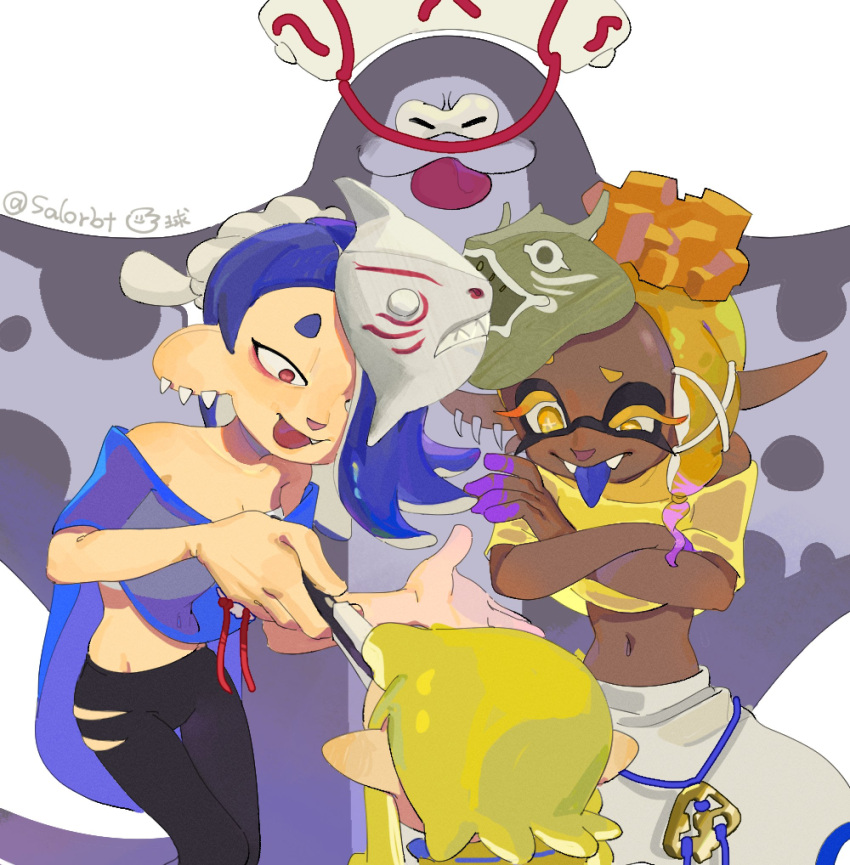 1boy 2girls bare_shoulders big_man_(splatoon) black_pants blonde_hair blue_hair blue_tongue cephalopod_eyes chinese_commentary colored_eyelashes colored_skin colored_tongue cross-shaped_pupils crossed_arms dark-skinned_female dark_skin earrings eyeliner fang fangs folded_fan folding_fan food food_on_head forehead frye_(splatoon) groin hachimaki hair_over_one_eye hand_fan harem_pants headband highres hokkamuri holding holding_fan horizontal_pupils inkling jewelry long_hair looking_at_another makeup manta_ray mask mask_on_head multicolored_hair multicolored_skin multiple_earrings multiple_girls navel nejiri_hachimaki object_on_head octarian pants pointy_ears poncho purple_hair purple_skin red_eyeliner red_eyes salorbt see-through shiver_(splatoon) simple_background smile splatoon_(series) splatoon_3 tempura tongue tongue_out twitter_username two-tone_hair two-tone_skin uneven_eyes white_background white_pants yellow_eyes