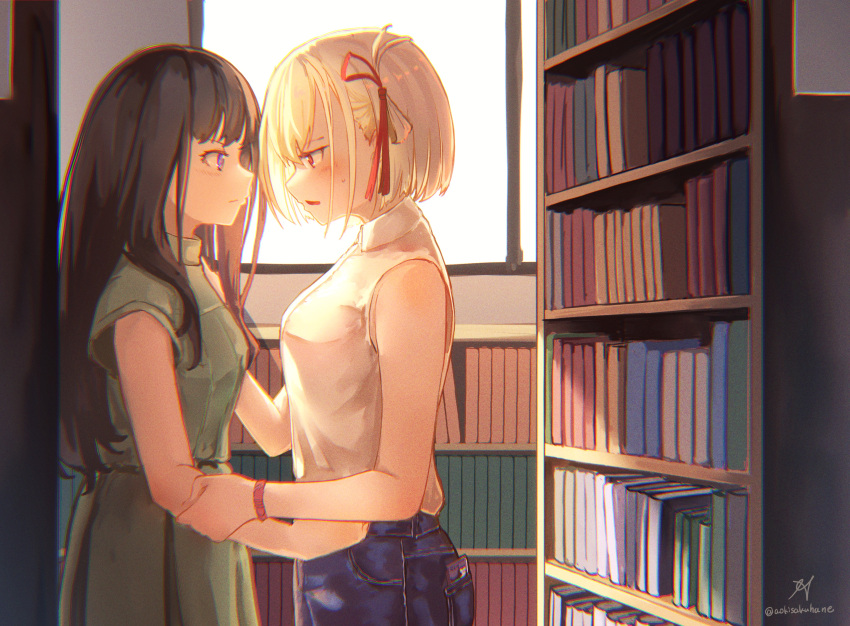 2girls absurdres aoi_hane artist_name bangs bare_arms bare_shoulders black_hair blonde_hair blue_pants blush book bookshelf breasts cellphone chromatic_aberration closed_mouth collared_shirt commentary_request cowboy_shot day denim dress face-to-face from_side green_dress hair_between_eyes hair_ribbon hand_on_another's_arm hand_on_another's_shoulder hand_up highres indoors inoue_takina jeans library long_hair looking_at_another lycoris_recoil medium_breasts multiple_girls nishikigi_chisato one_side_up orange_eyes pants parted_lips phone pocket profile red_ribbon ribbon shirt short_hair short_sleeves signature sleeveless sleeveless_shirt smartphone standing sunlight sweatdrop twitter_username v-shaped_eyebrows violet_eyes white_shirt window wristband yuri