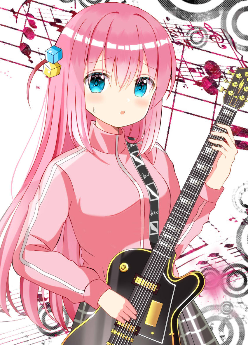 1girl :o absurdres bangs blue_eyes blush bocchi_the_rock! breasts commentary_request electric_guitar gotou_hitori grey_skirt guitar hair_between_eyes hair_cubes hair_ornament highres holding holding_instrument instrument jacket long_hair looking_at_viewer medium_breasts one_side_up parted_lips pink_jacket plaid plaid_skirt ryoutan skirt solo sweat track_jacket very_long_hair white_background