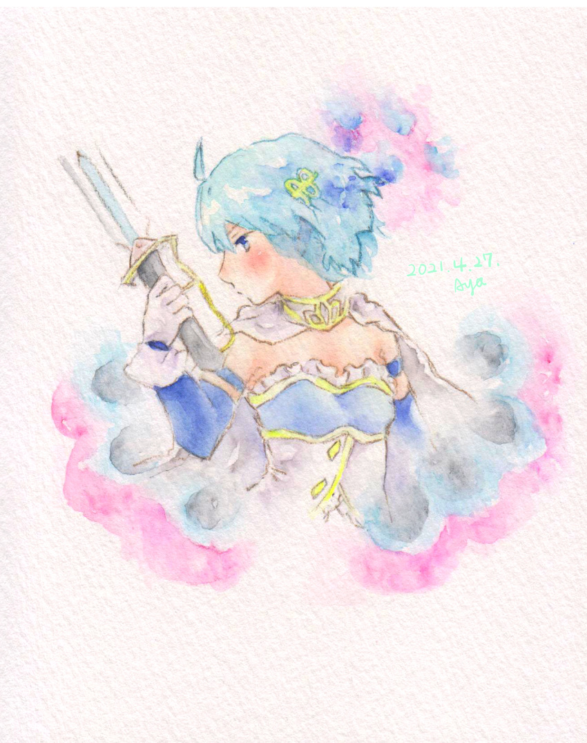 1girl blue_eyes blue_gloves blue_hair blush breasts cape closed_mouth dated elbow_gloves gloves hair_ornament highres holding holding_knife knife magical_girl mahou_shoujo_madoka_magica miki_sayaka shin1ar24 simple_background small_breasts solo traditional_media watercolor_pencil_(medium) white_background white_cape white_gloves
