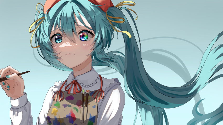 1girl absurdres apron bangs blue_background blue_eyes blue_hair blue_nails brown_apron closed_mouth collared_shirt commentary_request flower frilled_shirt_collar frills hair_between_eyes hair_ribbon hatsune_miku highres holding holding_brush light_frown long_hair looking_at_viewer looking_away nail_polish paint_splatter paintbrush ribbon shirt solo tatyaoekaki upper_body very_long_hair vocaloid white_shirt yellow_ribbon