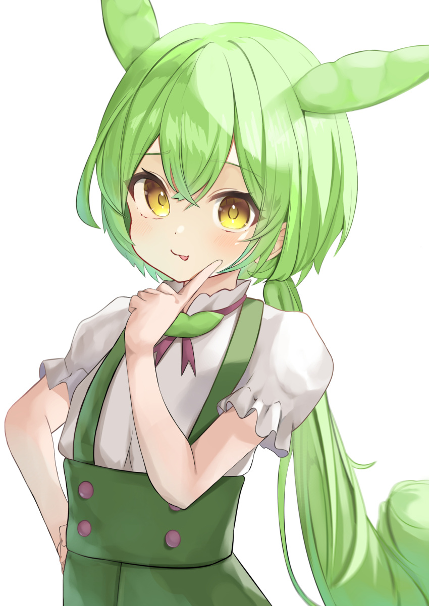 1girl blush buttons commentary_request edamame_(food) green_hair green_suspenders hair_between_eyes hand_up highres long_hair looking_at_viewer neko_gnome open_mouth ponytail puffy_short_sleeves puffy_sleeves ribbon shirt short_sleeves solo suspenders voicevox white_shirt yellow_eyes zundamon