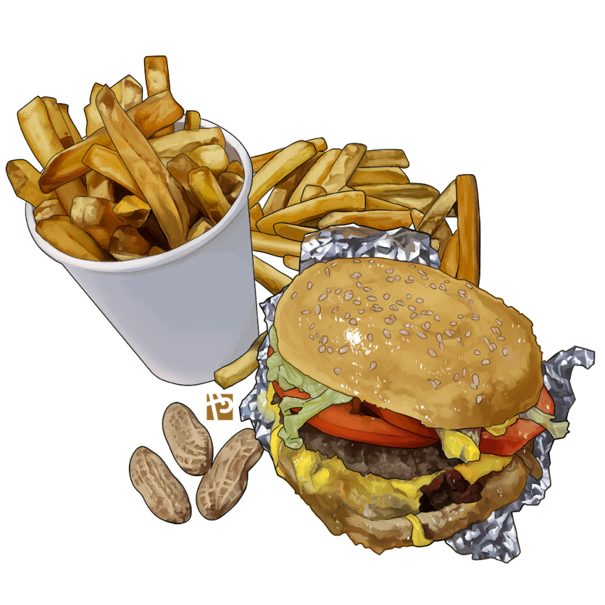 burger cheese cup disposable_cup five_guys_burgers_and_fries foil food food_focus french_fries lettuce no_humans peanut sesame_seeds still_life studiolg tomato watermark white_background