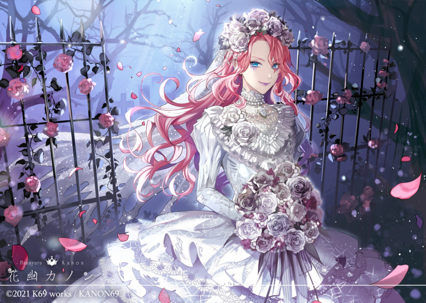&gt;:) 1boy bangs bare_tree blue_eyes bouquet bridal_veil bride bush character_name copyright cowboy_shot crossdressing dress facial_mark falling_petals fence flower hair_flower hair_ornament hanayura_kanon holding holding_bouquet indie_virtual_youtuber jewelry juliet_sleeves layered_dress long_hair long_sleeves looking_at_viewer male_focus matsurika_youko necklace official_art otoko_no_ko parted_bangs pearl_necklace pendant petals pink_flower pink_hair pink_rose plant puffy_sleeves purple_flower purple_lips purple_rose rose solo spider_web_print tombstone torn_clothes torn_dress torn_veil tree v-shaped_eyebrows veil vines wavy_hair wedding_dress white_dress white_flower white_rose