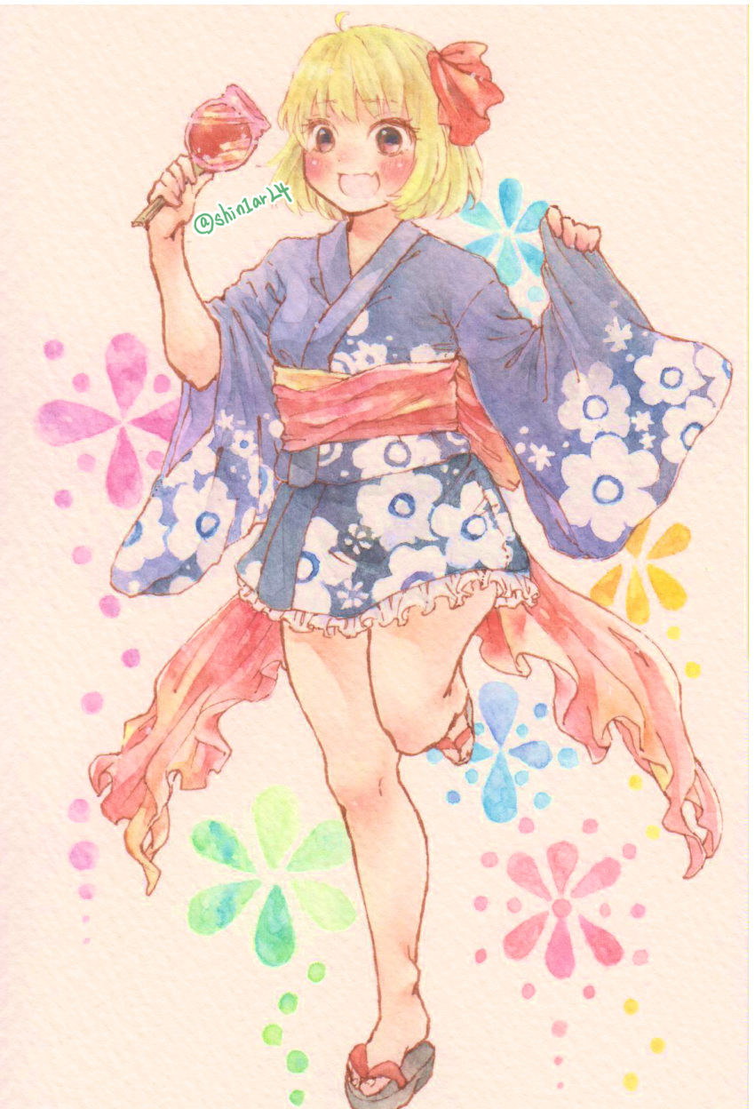 1girl back_bow blonde_hair blue_kimono bow brown_eyes fang frilled_kimono frills happy highres holding japanese_clothes kimono leg_up long_sleeves open_mouth painting_(medium) red_bow rumia shin1ar24 short_hair skin_fang slippers solo standing standing_on_one_leg touhou traditional_media watercolor_(medium) watercolor_pencil_(medium) wide_sleeves yukata