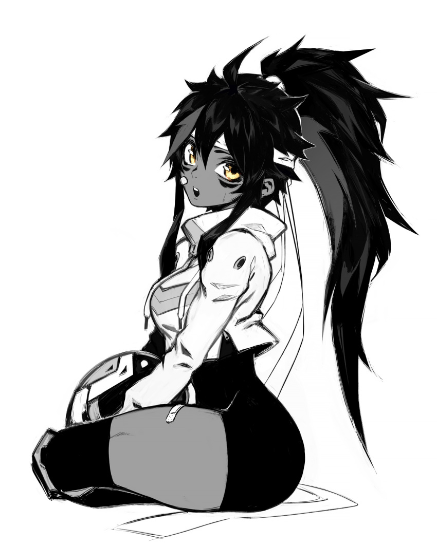 bandaid bandaid_on_face bandaid_on_leg black_hair dark-skinned_female dark_skin headband helmet high_ponytail highres jacket juliette_(omega_strikers) liyart looking_at_viewer monochrome omega_strikers open_mouth pants sitting tagme thighs white_jacket yellow_eyes yoga_pants