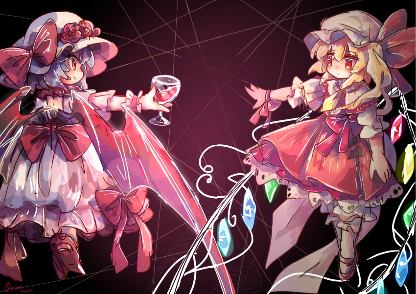 2girls back_bow bat_wings blonde_hair blue_hair bow cup dark_background drinking_glass flandre_scarlet frilled_sleeves frills from_behind full_body gradient gradient_background hair_between_eyes hat hat_ribbon highres holding holding_cup looking_at_another mame_komari mary_janes medium_hair mob_cap multicolored_wings multiple_girls red_bow red_eyes red_ribbon remilia_scarlet ribbon shirt shoes short_hair short_sleeves side_ponytail simple_background socks touhou white_headwear white_shirt white_socks wine_glass wings wrist_cuffs wrist_ribbon