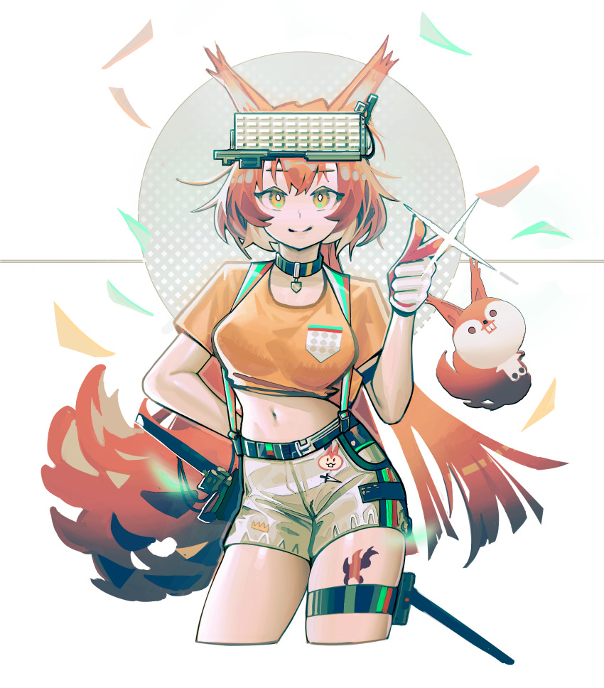 1girl absurdres animal_ears arknights black_collar collar constant_qiu cropped_legs eyewear_on_head flametail_(arknights) flametail_(sport_for_all)_(arknights) head-mounted_display highres midriff navel orange_eyes orange_shirt pointing redhead shirt shorts smile squirrel_ears squirrel_tail stuffed_squirrel tail thigh_strap two-tone_gloves