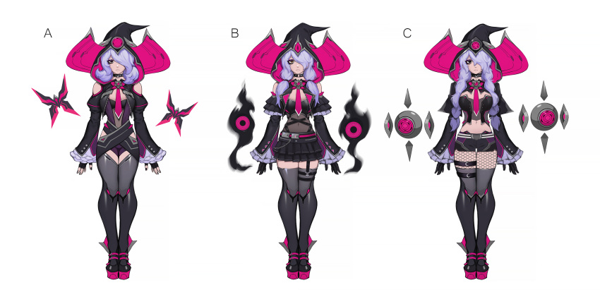 black_gloves black_nails boots concept_art era_(omega_strikers) full_body gloves hat high_heel_boots high_heels highres liyart omega_strikers purple_hair tagme witch witch_hat yellow_eyes