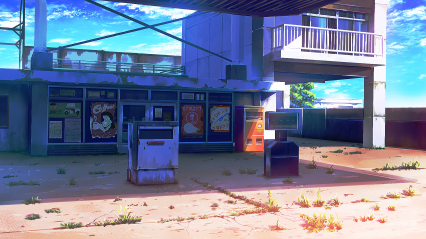 abandoned blue_sky building clouds convenience_store day grass highres no_humans original outdoors poster_(object) rust scenery shadow shop sky smile_(qd4nsvik) tree