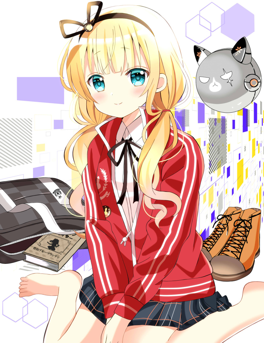 1girl absurdres bag barefoot black_hairband black_ribbon black_skirt blonde_hair blue_eyes book brown_footwear clockwork_rabbit closed_mouth collared_shirt commentary_request dress_shirt gochuumon_wa_usagi_desu_ka? hairband highres jacket kirima_syaro long_hair looking_at_viewer low_twintails neck_ribbon open_clothes open_jacket pleated_skirt red_jacket ribbon robot ryoutan school_bag school_uniform shirt shoes shoes_removed sitting skirt smile solo track_jacket twintails wariza white_shirt wild_geese