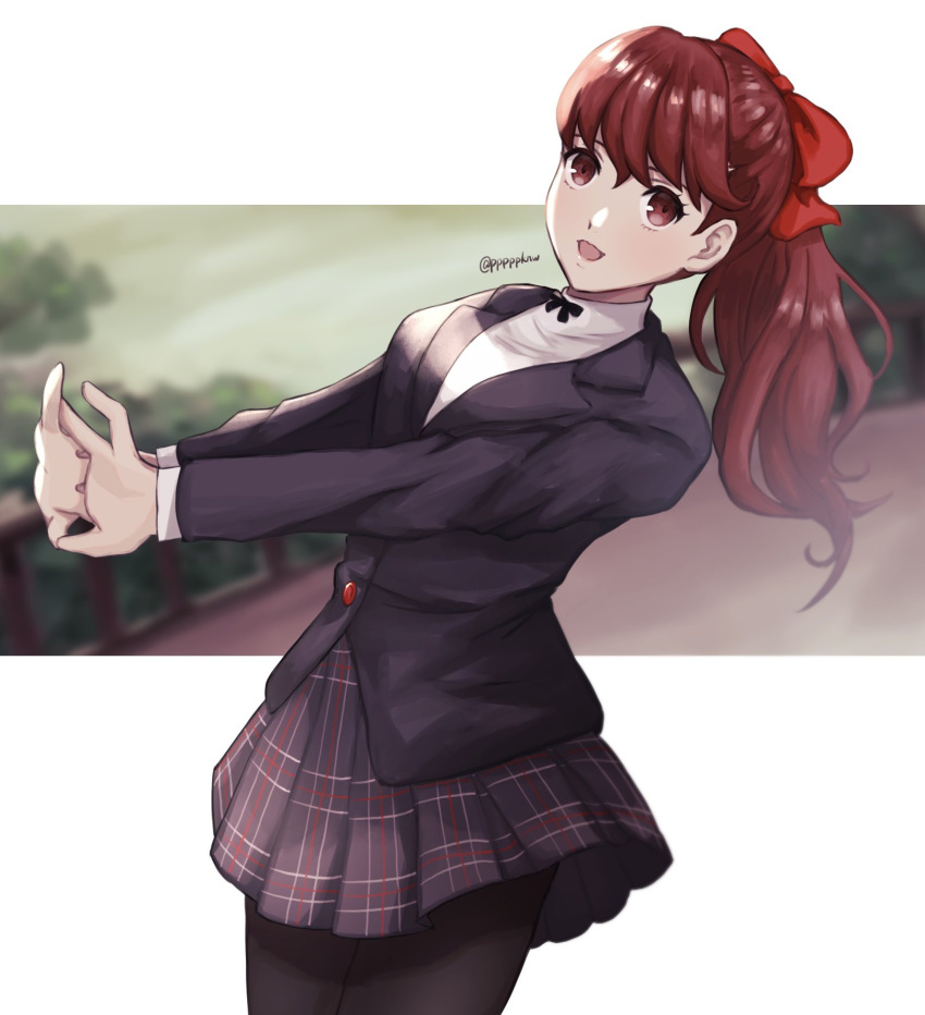 1girl black_jacket black_pantyhose bow buttons commentary hair_bow highres jacket long_hair long_sleeves looking_at_viewer open_mouth pantyhose persona persona_5 persona_5_the_royal plaid plaid_skirt pleated_skirt ponytail pppppknw red_bow red_eyes redhead school_uniform shirt shuujin_academy_uniform skirt smile solo twitter_username uniform white_shirt yoshizawa_kasumi