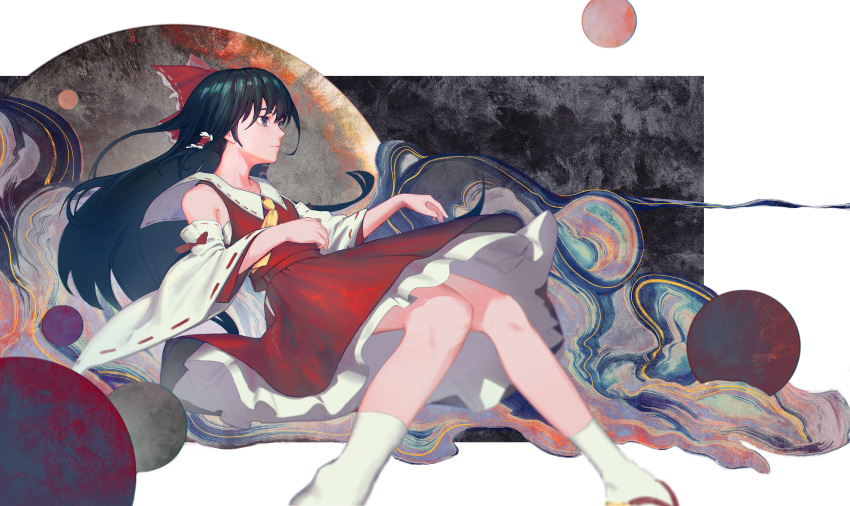 1girl absurdres arpscell ascot black_eyes black_hair bow closed_mouth collared_vest commentary detached_sleeves expressionless floating_hair frilled_bow frilled_hair_tubes frills full_body hair_bow hair_tubes hakurei_reimu highres knees_together_feet_apart long_hair looking_afar profile red_bow red_skirt red_vest ribbon-trimmed_sleeves ribbon_trim sarashi sitting skirt skirt_set socks solo touhou vest white_sleeves white_socks wide_sleeves yellow_ascot