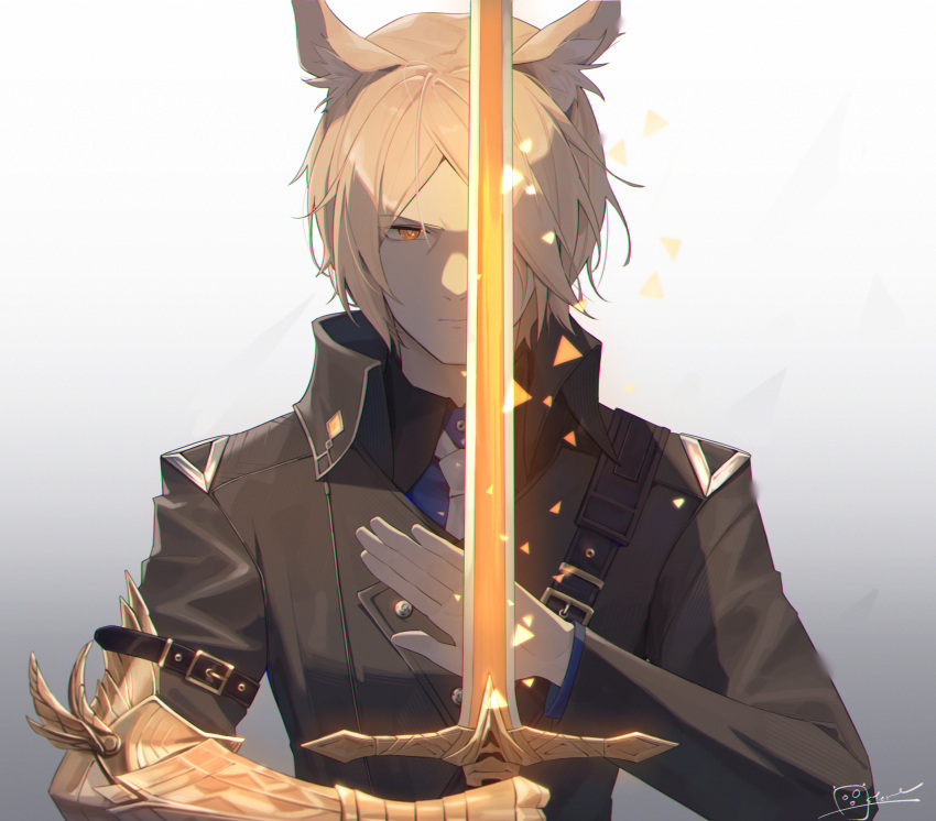 1boy animal_ear_fluff animal_ears arknights black_jacket blonde_hair elbow_gauntlets facing_viewer gauntlets glowing glowing_sword glowing_weapon gradient gradient_background highres holding holding_sword holding_weapon horse_boy horse_ears jacket meo_(1271884559) mlynar_(arknights) orange_eyes short_hair signature single_gauntlet solo sword trench_coat weapon