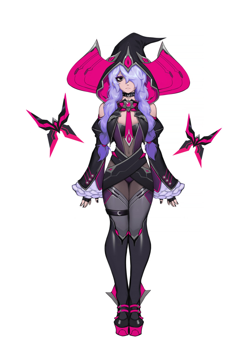 1girl black_nails boots braid choker concept_art era_(omega_strikers) full_body gothic hat high_heel_boots high_heels highres liyart looking_at_viewer official_art omega_strikers purple_hair solo straight-on tagme twin_braids witch witch_hat