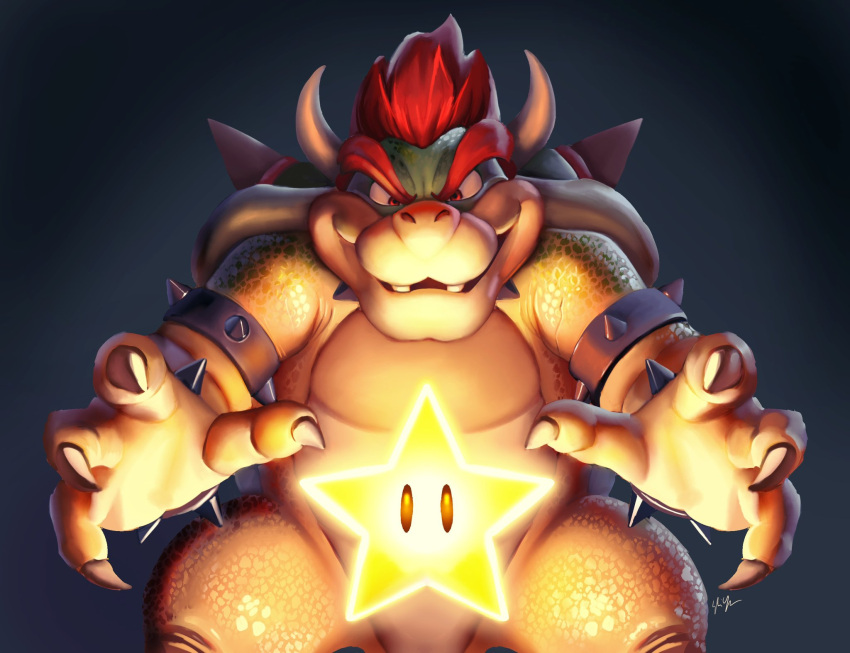 1boy armlet bowser bracelet claws evil_grin evil_smile floating floating_object glowing grin highres horns jewelry looking_at_object power_star_(mario) redhead shell smile solo spiked_armlet spiked_bracelet spiked_shell spikes ssj_sophia super_mario_bros. the_super_mario_bros._movie watermark
