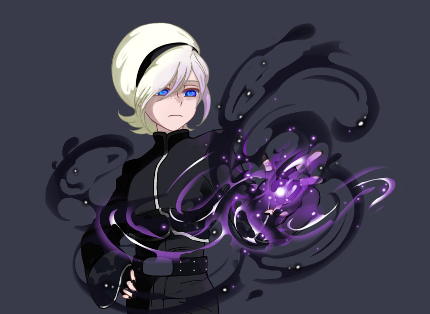 1boy ash_crimson belt black_background black_hairband blue_eyes closed_mouth dark_ash darkness esther_(buttercesther) hairband hand_on_hip long_sleeves male_focus short_hair simple_background the_king_of_fighters the_king_of_fighters_xiii upper_body white_hair