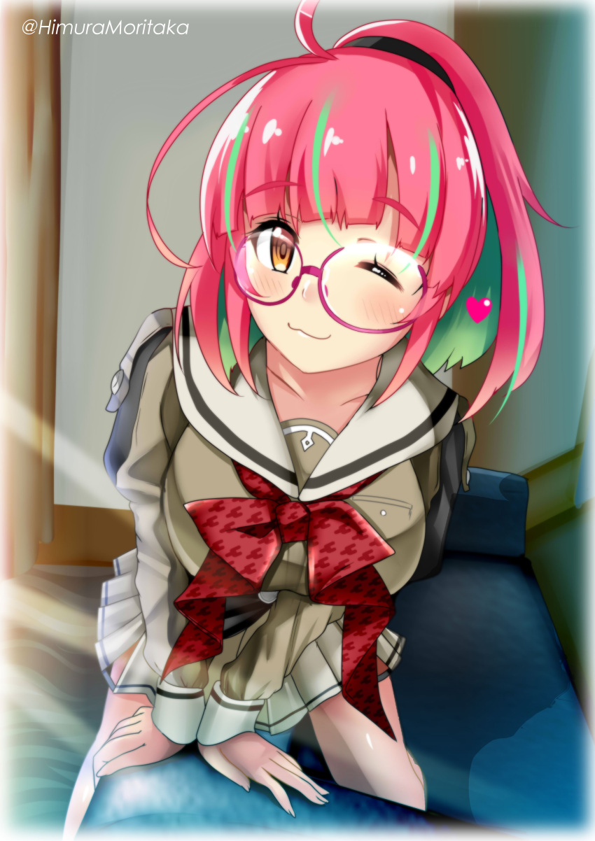 1girl absurdres ahoge blouse bow bowtie breasts brown_eyes glasses green_hair green_shirt grey_sailor_collar grey_skirt highres himura_moritaka indoors juliet_sleeves kantai_collection large_breasts long_sleeves miniskirt multicolored_hair one_eye_closed pink-framed_eyewear pink_hair pleated_skirt ponytail puffy_sleeves red_bow red_bowtie sailor_collar school_uniform shirt short_hair skirt smile solo streaked_hair ume_(kancolle)